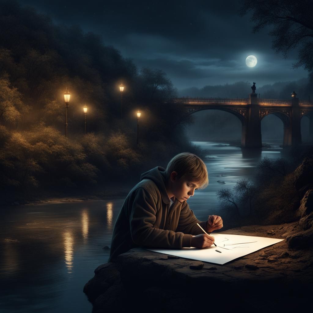 Boy Drawing by River at Night: Digital Matte Painting