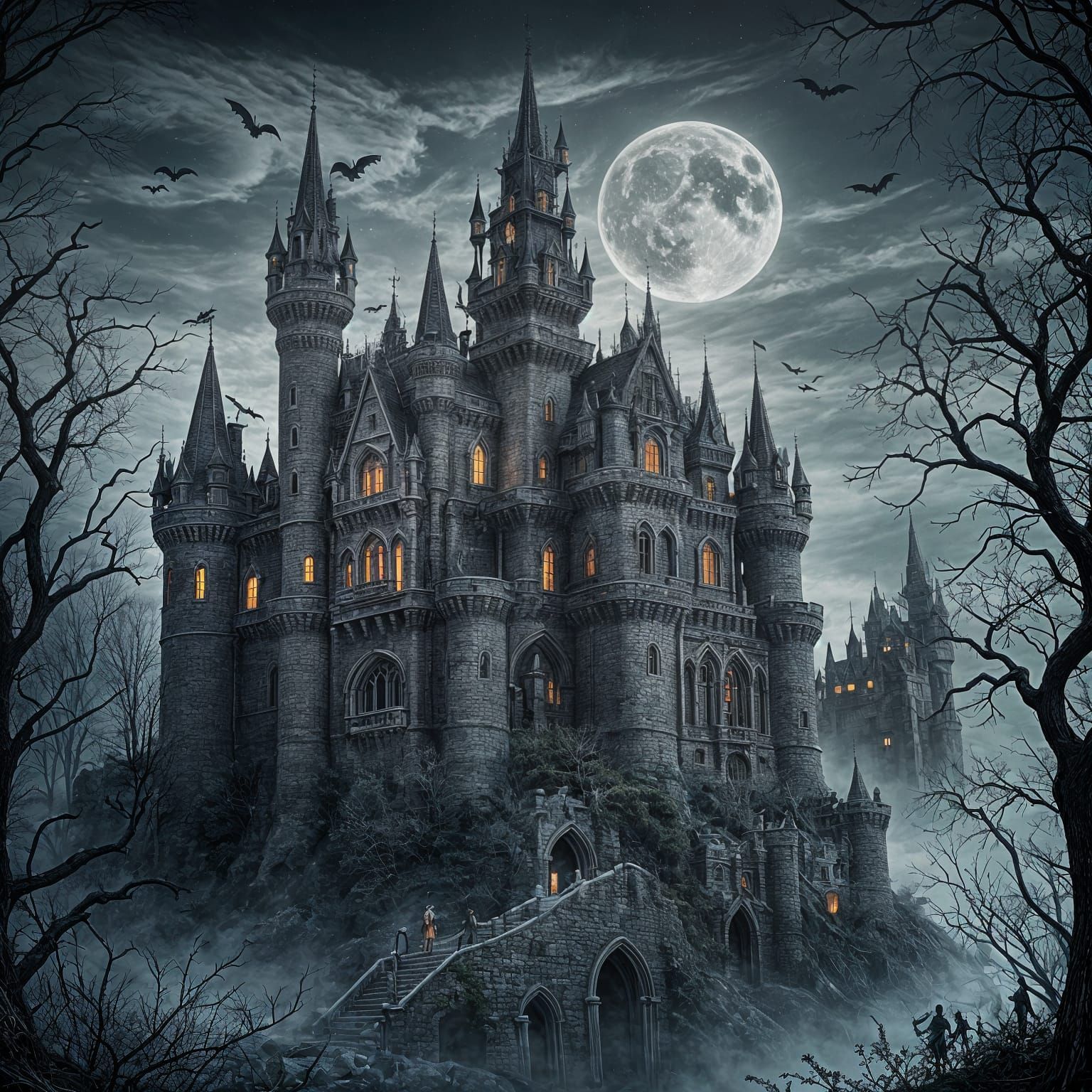 Scary Halloween Castle on a Moonlit Night