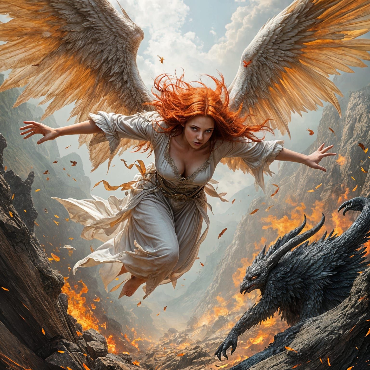 Fallen Angel Battles Fiery Demon in Desperate Struggle
