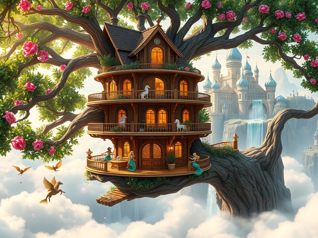 Whimsical Treehouse Amidst Majestic Clouds and Ancient Tree