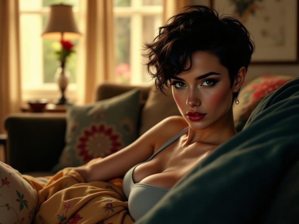 Dramatic Pin-Up Woman Relaxing at Home in Warm Light