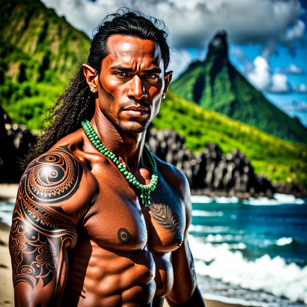 Melanesian Elf Warrior on Volcanic Beach