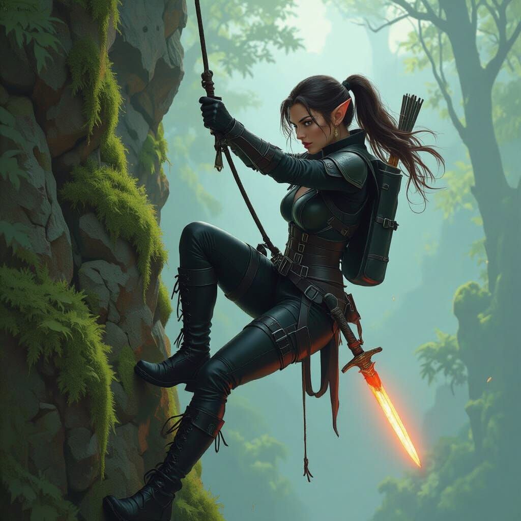 Elf Rogue Rappelling Down Cliff in Sci-Fi Style