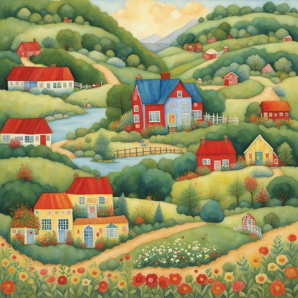 Whimsical Landscape Illustration in Naive Art Style