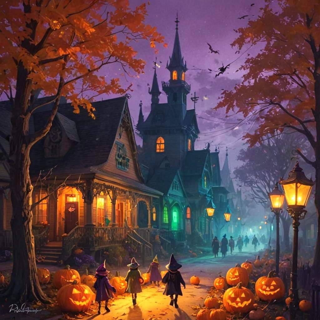 Halloween Night: Trick-or-Treaters in Spooky Digital Art