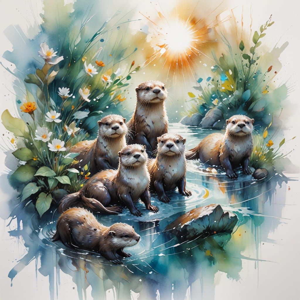 Otter Family Frolics in Sunlit Glen