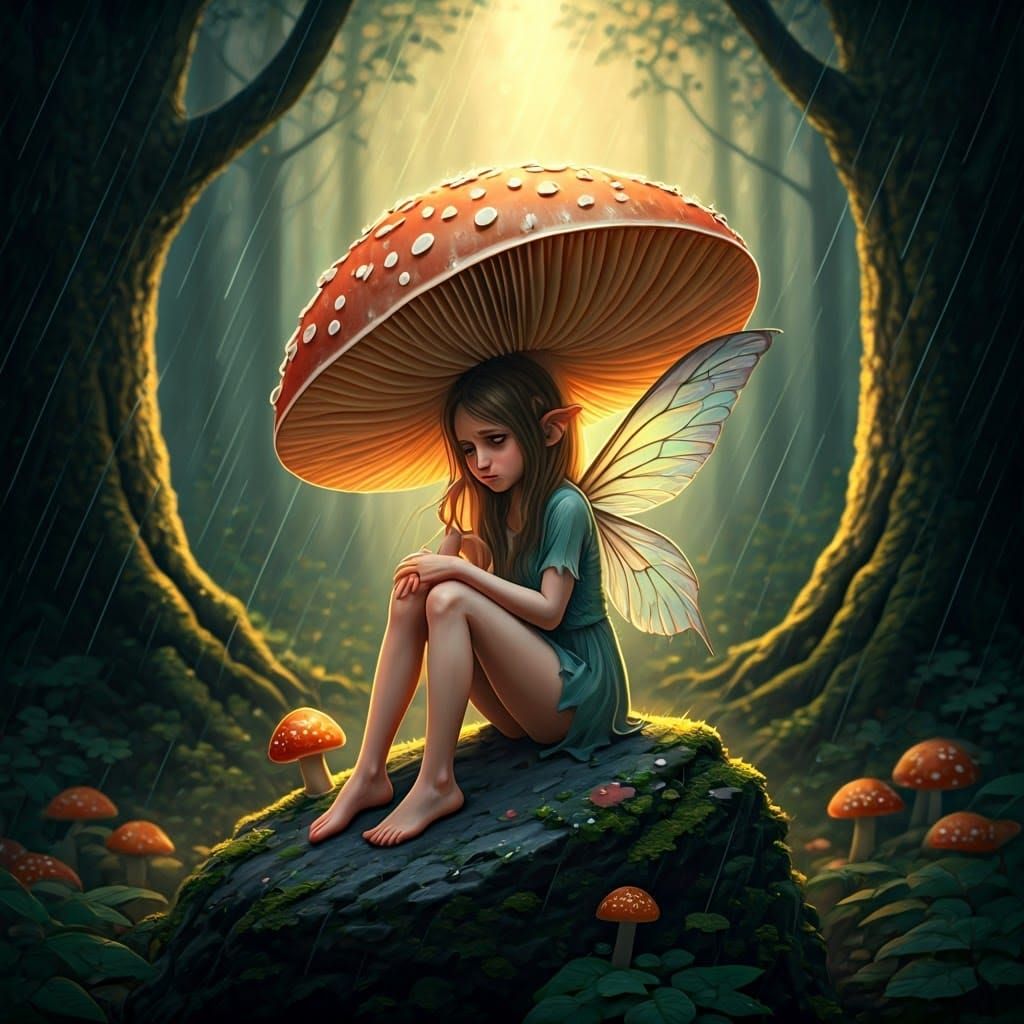 Fairy Shelters from Rain in Pastel Forest