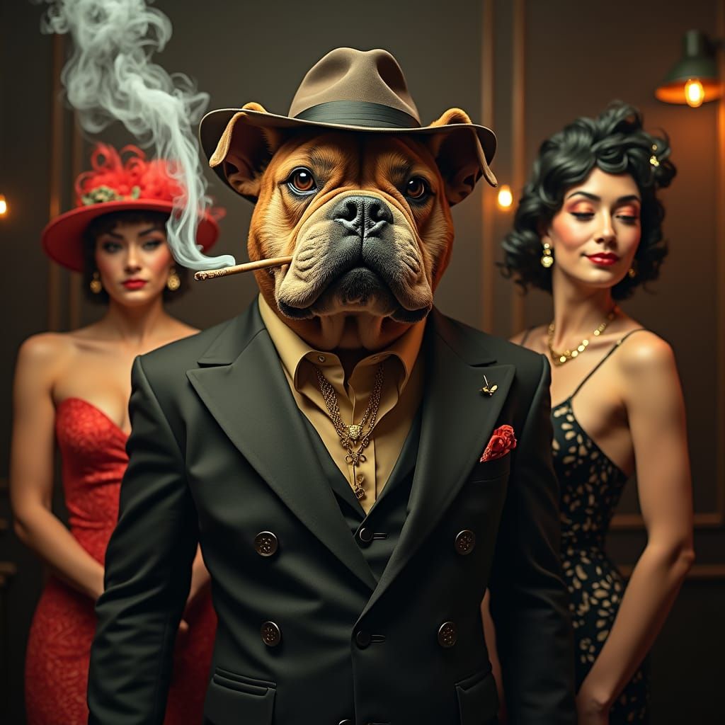 Mafia Bulldog with Cannabis Joint in Film Noir Style