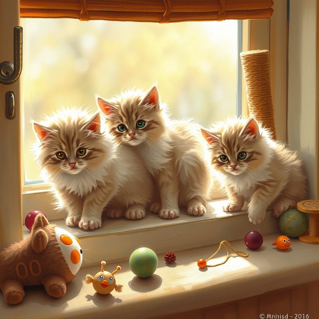 Whimsical Fluffy Cats in Sunlit Windowsill
