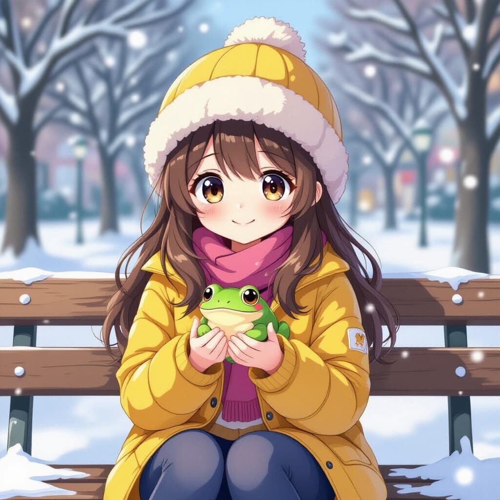 Anime Girl With Frog on Snowy Park Bench
