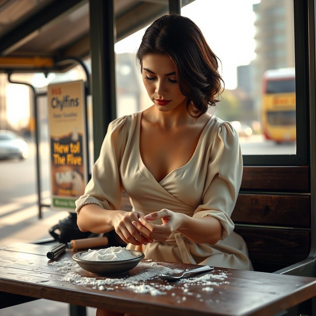 Woman Lost in Thought Kneading Dough at Bus Stop in Hyper-Re...