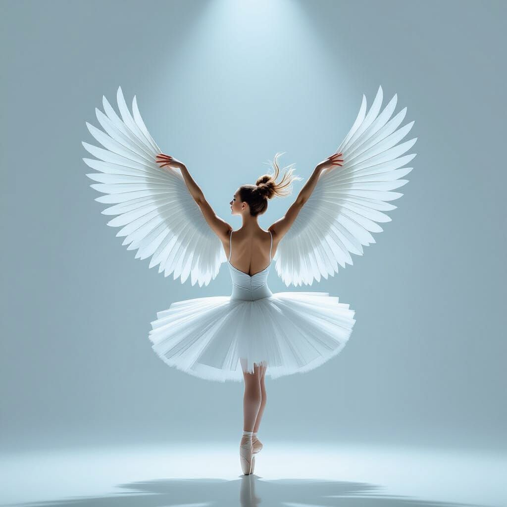 Ethereal Ballerina with Feathered Hair in Dreamlike Ballet