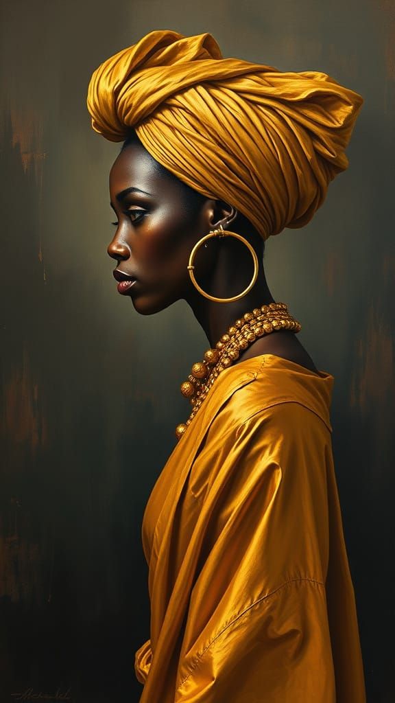 African Goddess in Gold, Classical Oil Painting Style