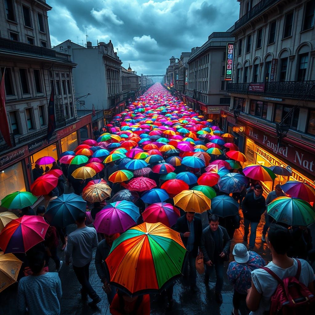 Rainy City Street in Vibrant Color, People with Glowing Umbr...