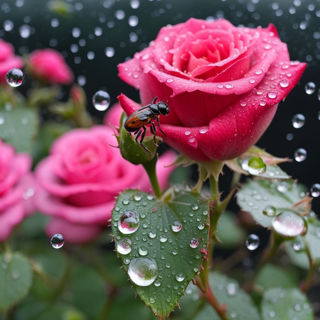 Boy on Rose Surrounded by Dew Drops