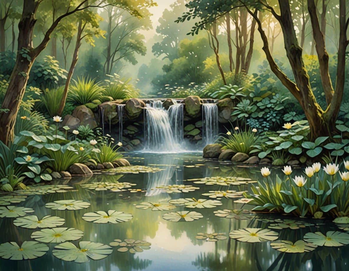 Serene Whimsical Watercolor Forest Scene