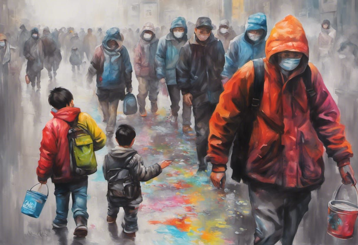 Crowded City Sidewalk in Chinese Graffiti Art Style