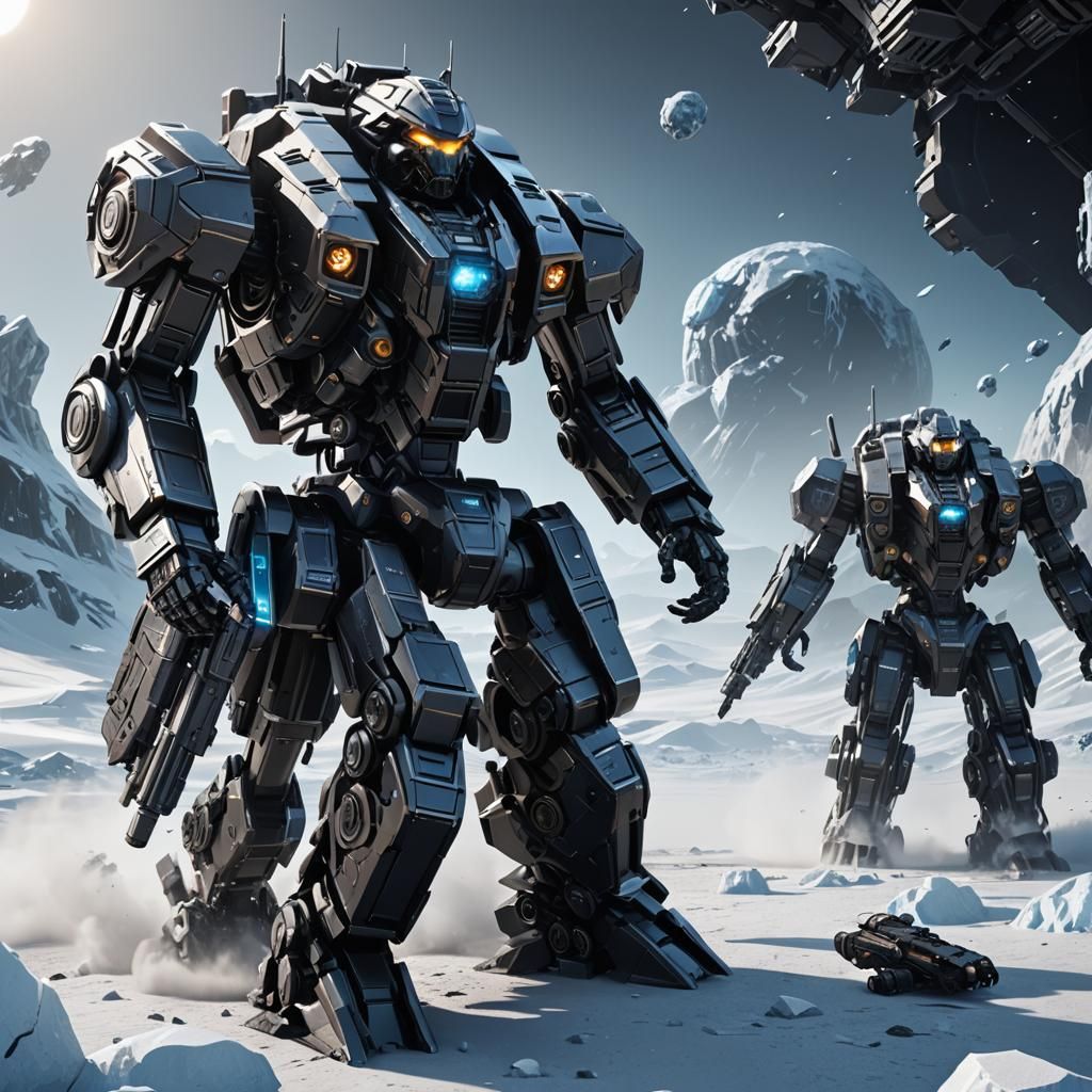 Futuristic Jet Black Mech on Ice Planet