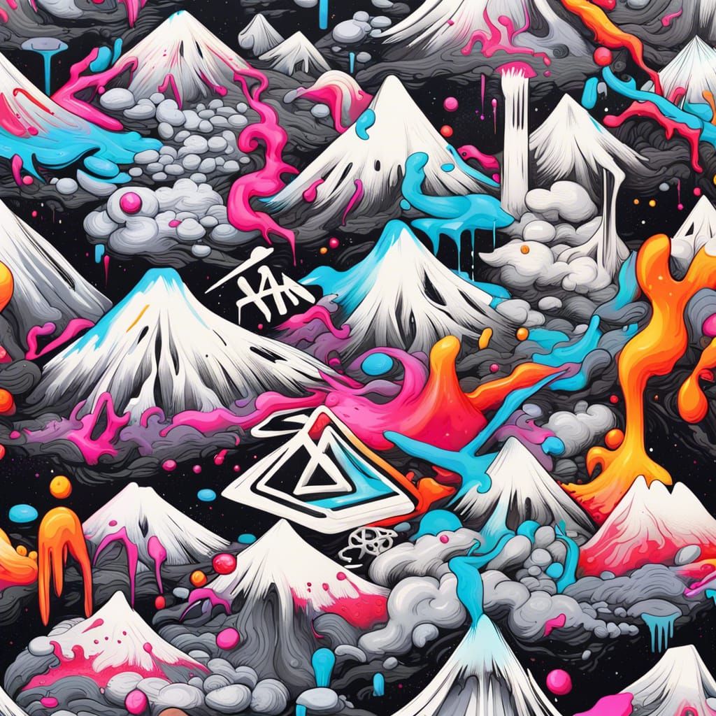 Volcanoes Erupting in Graffiti Street Art Style