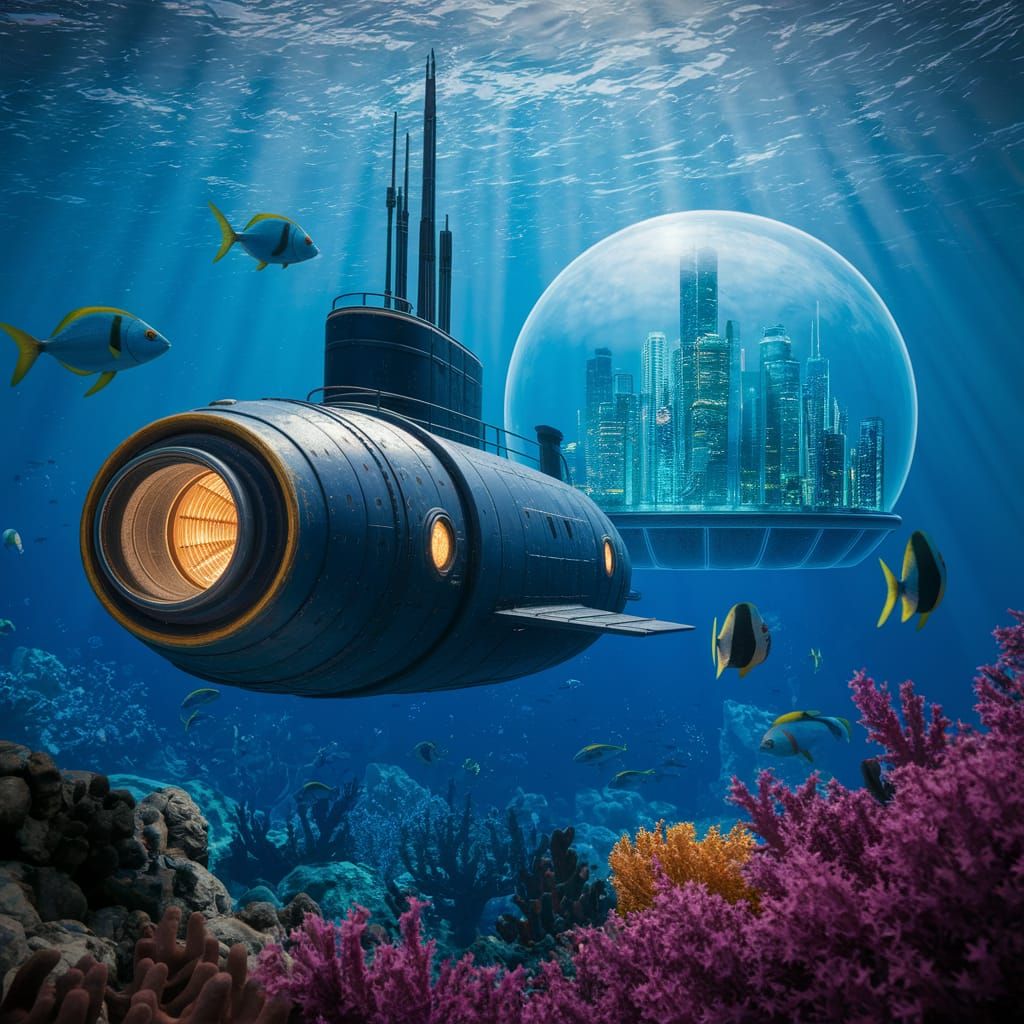 Submarine Near Underwater City, Digital Matte Painting