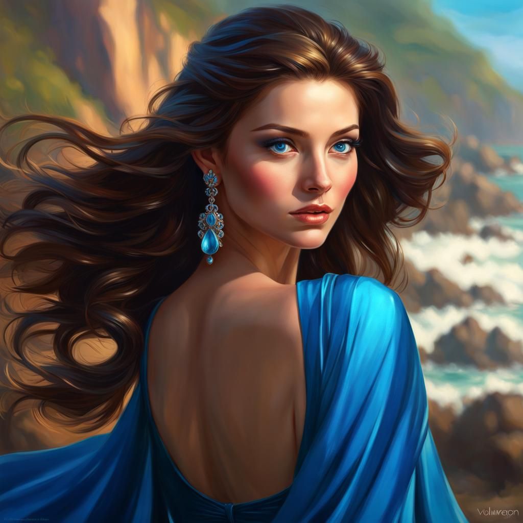 Woman with Blue Eyes by the Sea