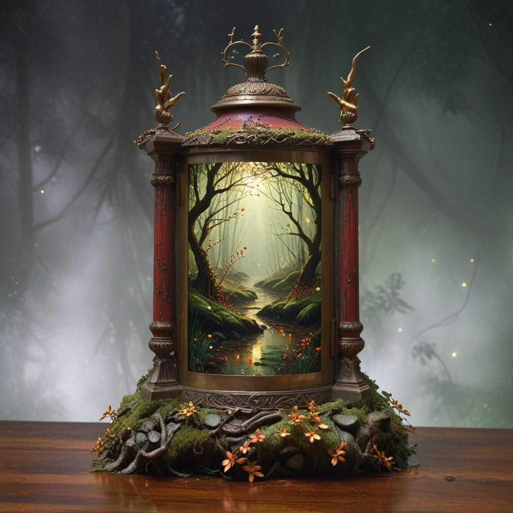 Mysterious Figure Walks Through a Dappled Forest in Vibrant,...