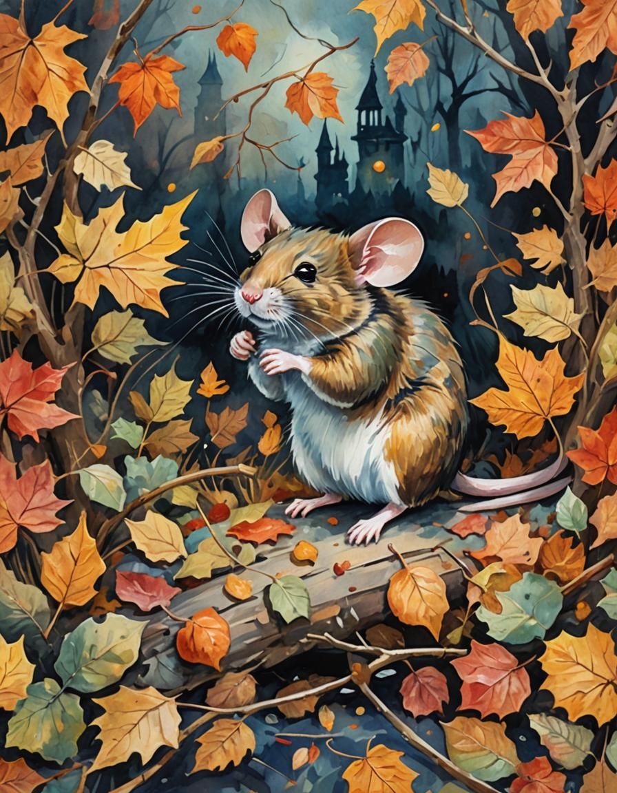 Mouse in Spooky Autumn, Gouache Watercolor Style