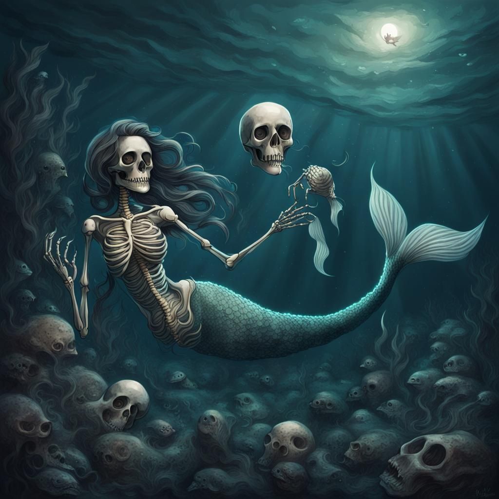 Mermaid Skeleton Swimming in Dark Ocean