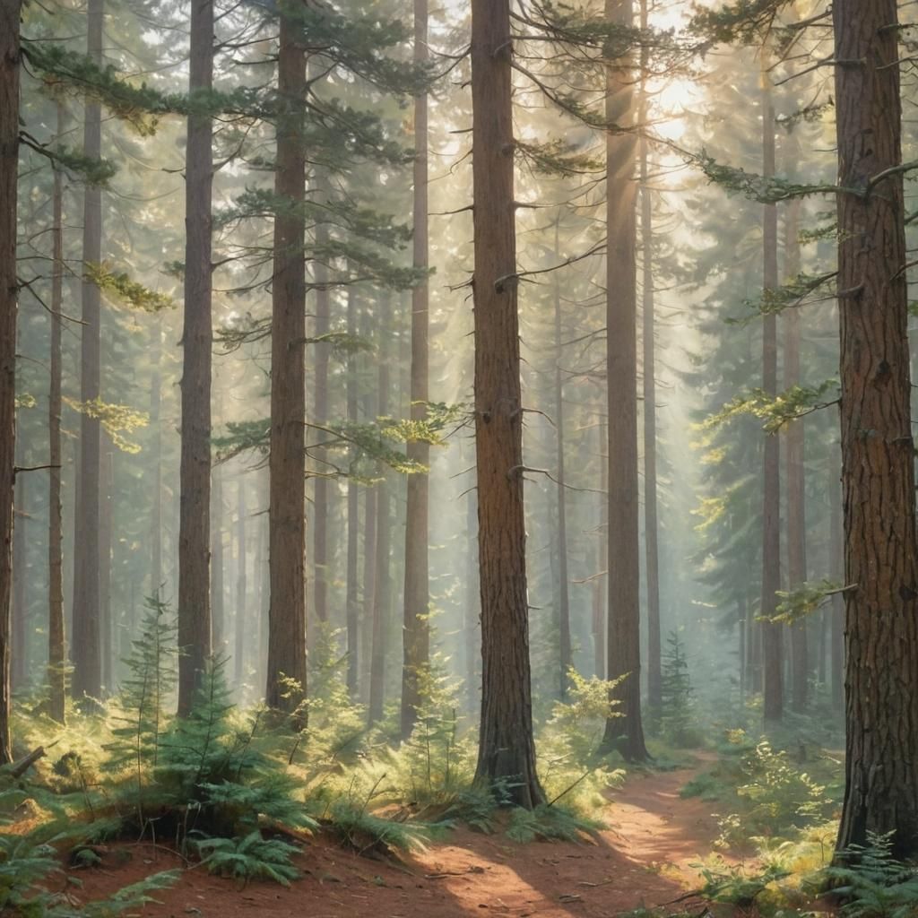 Tall Pine Trees Bathed in Warm Golden Light