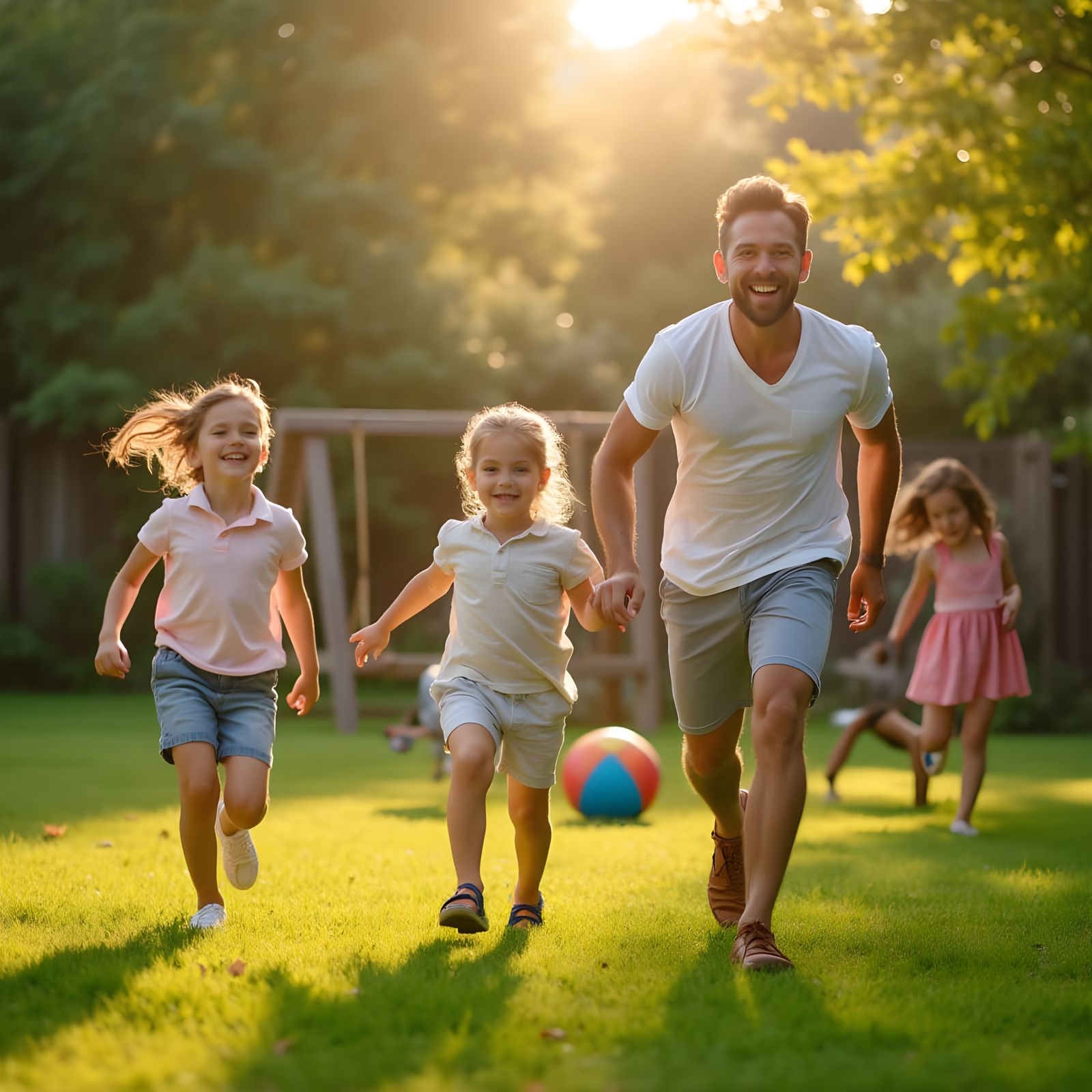 Happy Family Chases Kids in Vibrant Backyard Scene