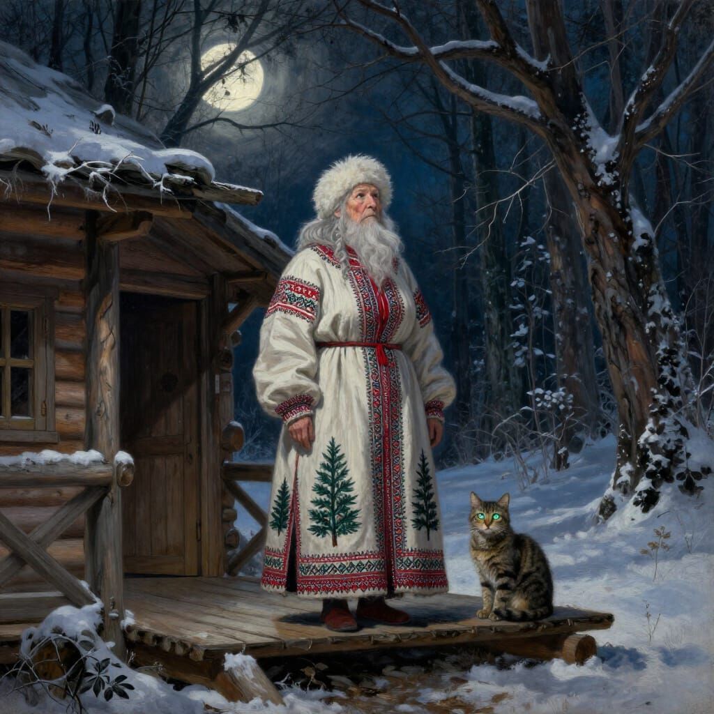 Baba Yaga's Mystical Winter Hut in Moonlight