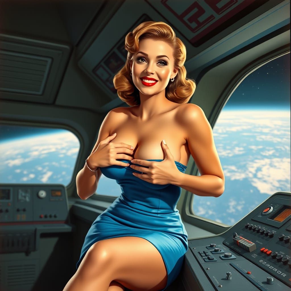 Retro Space Babe at Controls in 1950s Style