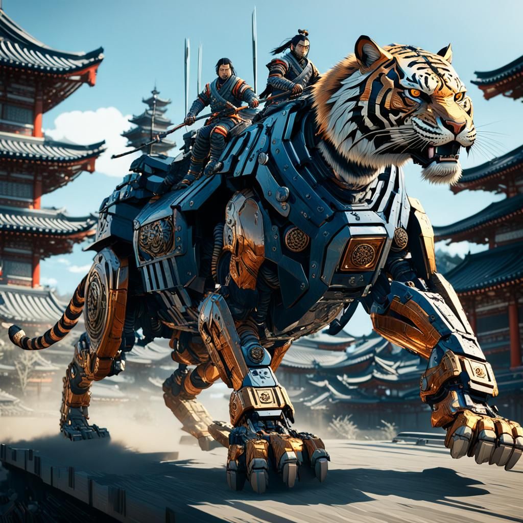 Samurai on Tiger in Ukiyo-e Style