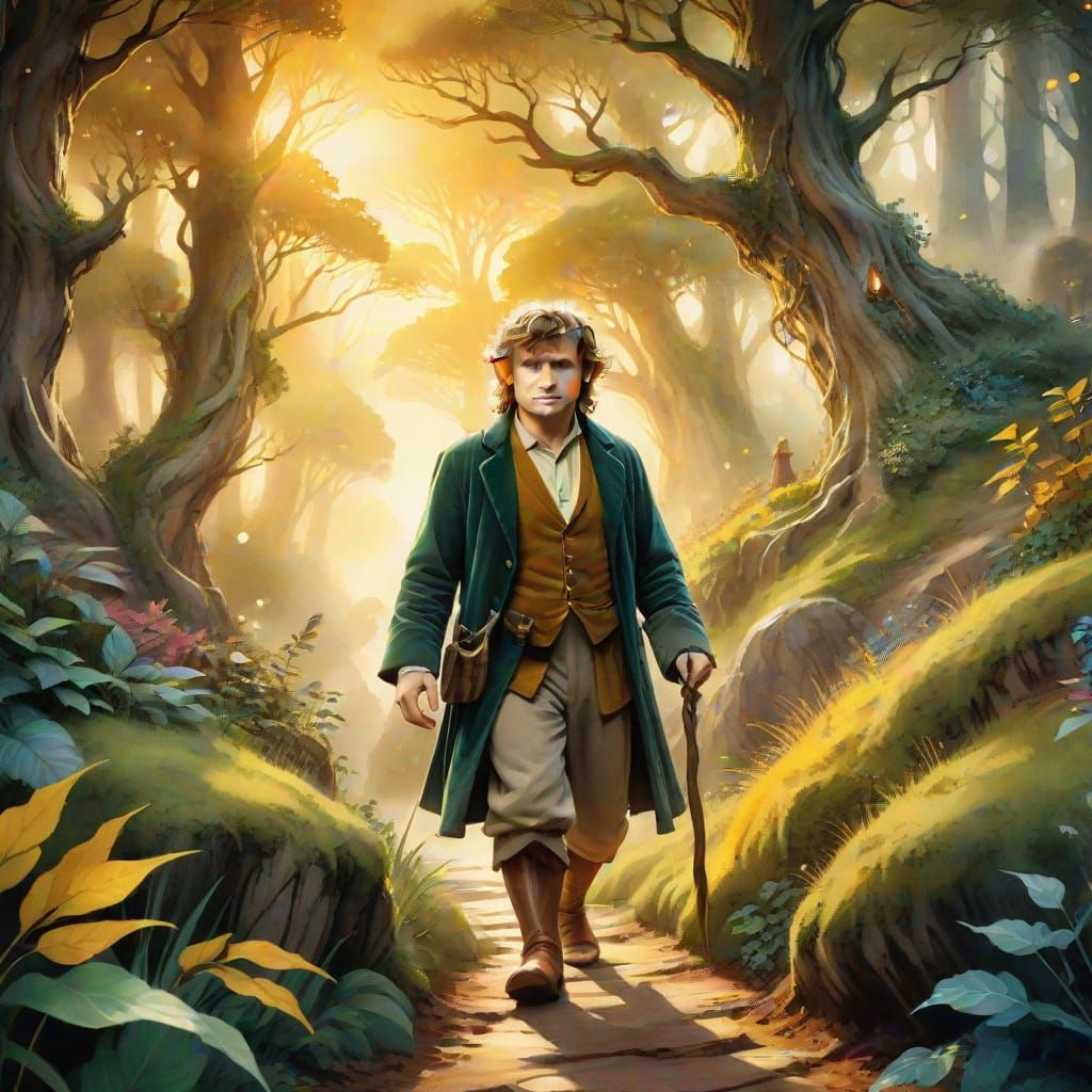 The Hobbit in Dreamlike Watercolor Forest