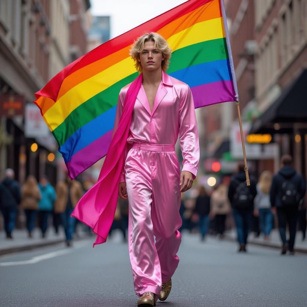 Teenager in Pink Jumpsuit Carries Rainbow Flag on Busy Stree...