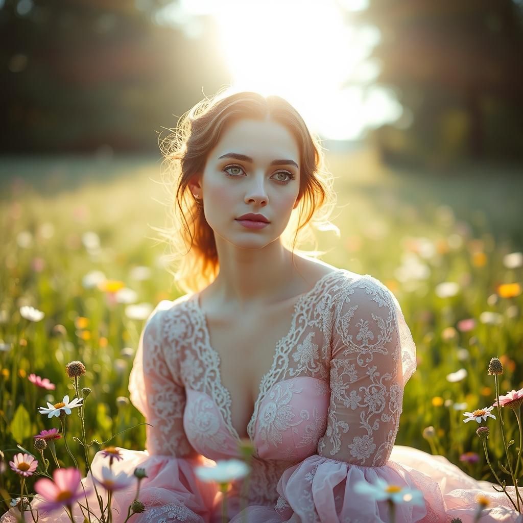Woman in Meadow with Embroidered Lace Gown