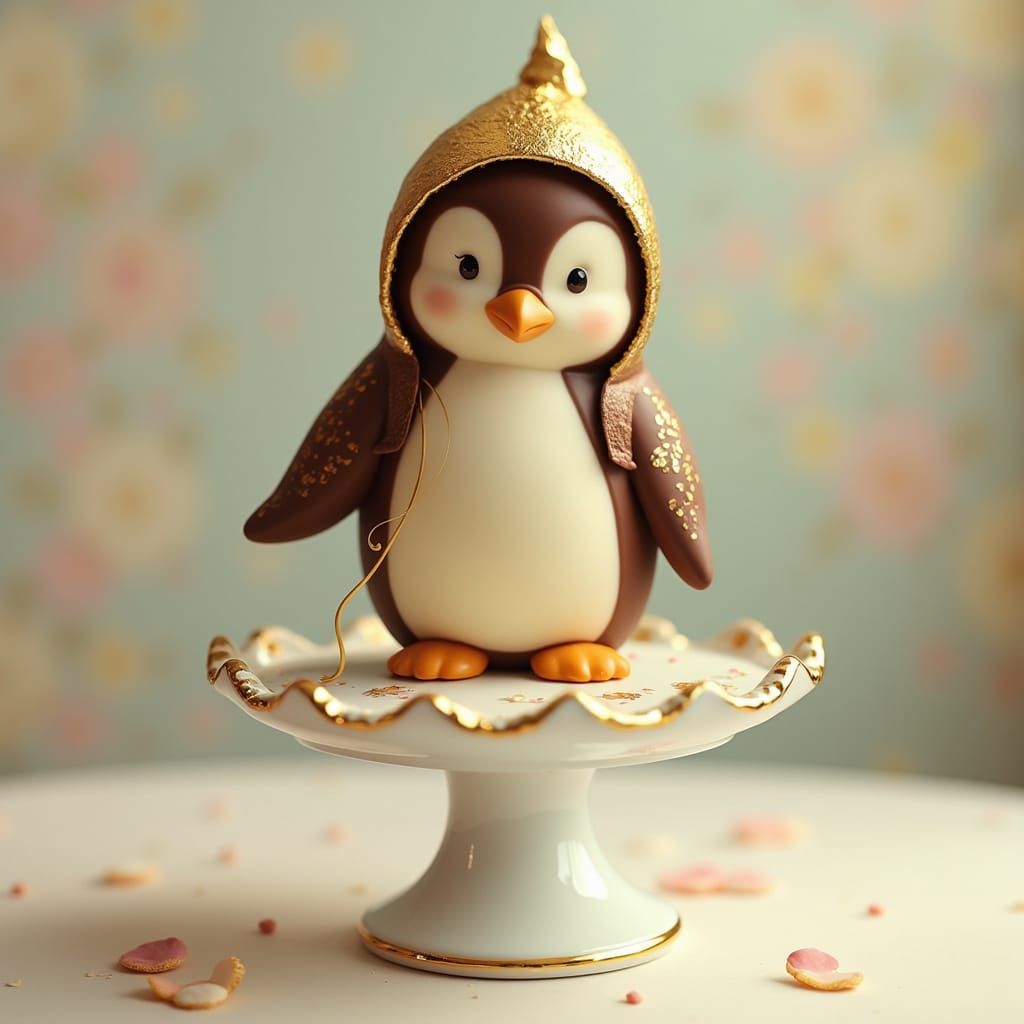 Whimsical Chocolate Penguin on Golden Porcelain