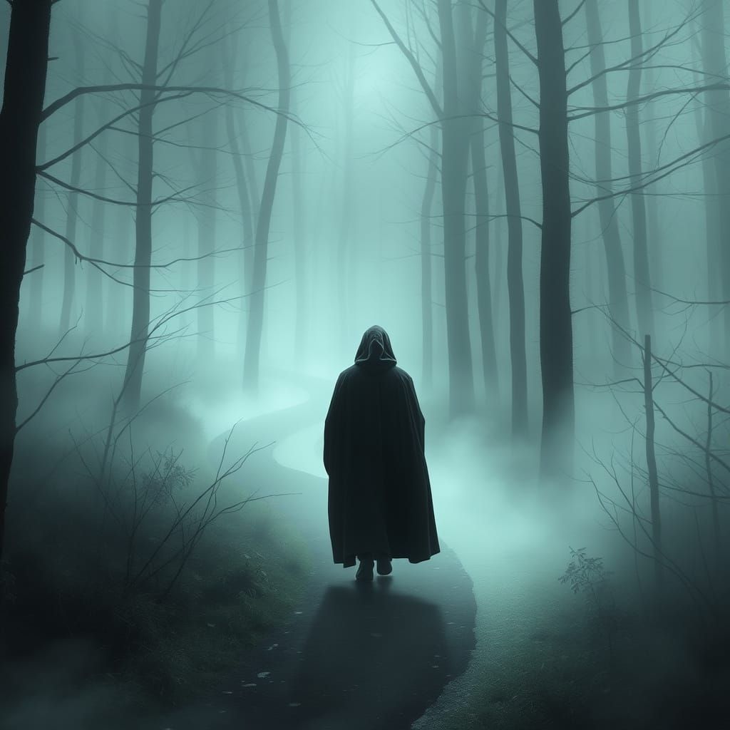 Figure in Luminous Fog Forest, Dark Fantasy Style
