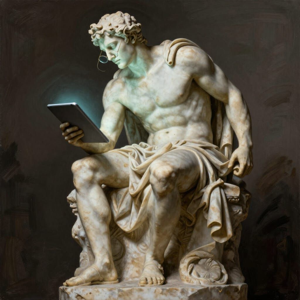 Greek Statue Adonis on Tablet in Fantasy Art Style