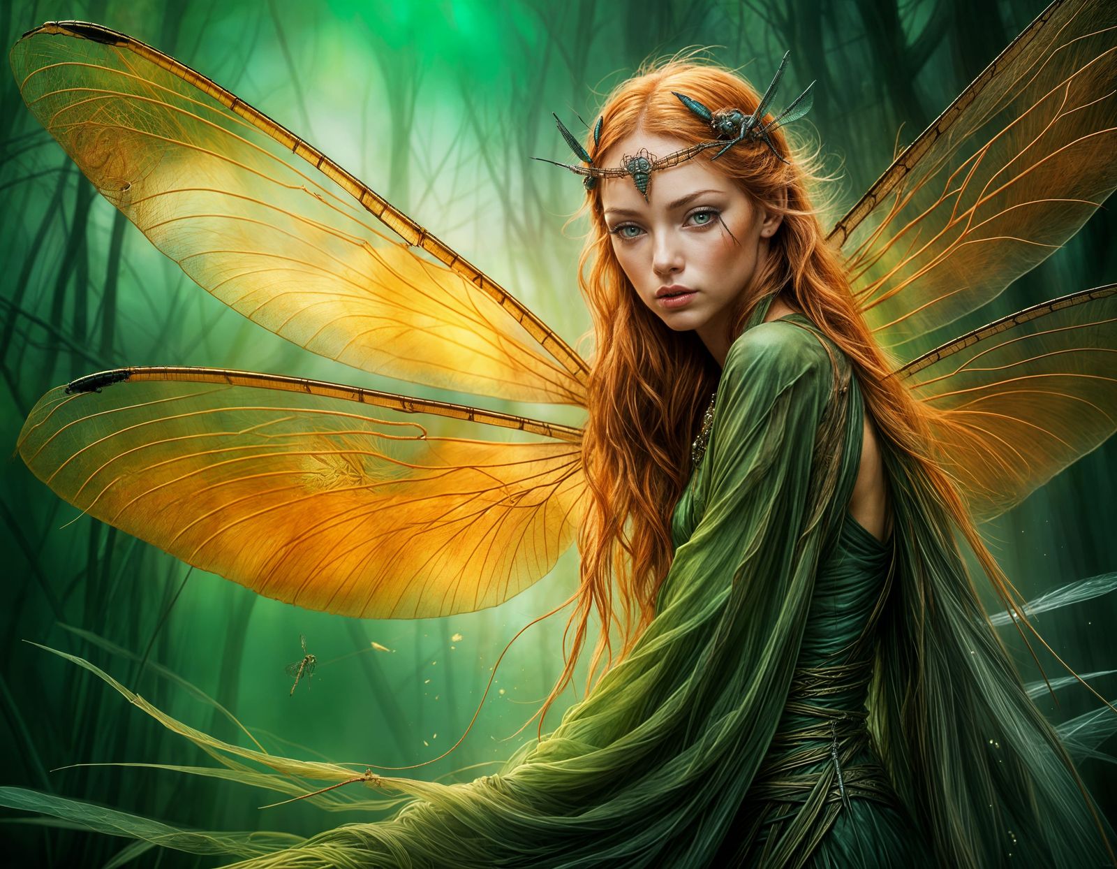 Ginger dragonfly fairy in green