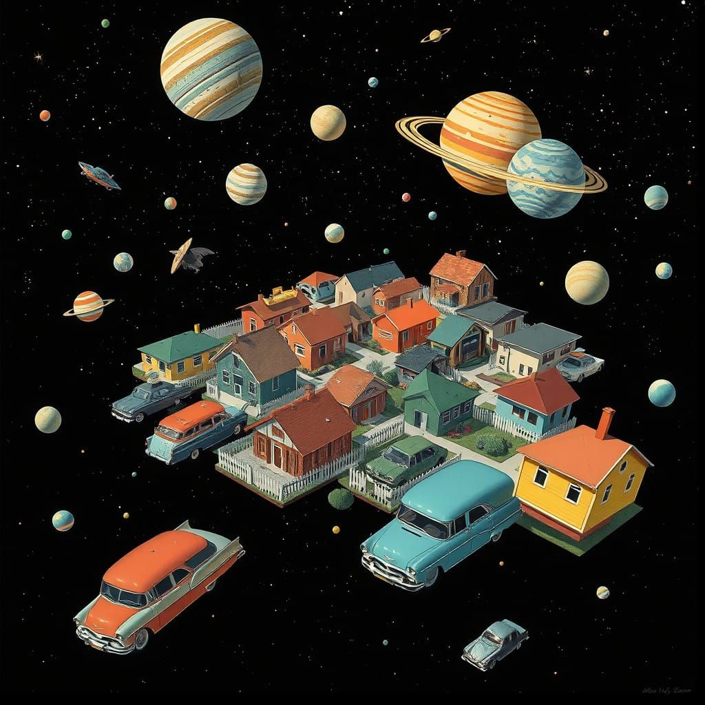 Weightless Retro-Futuristic Suburb in Cosmic Blackness