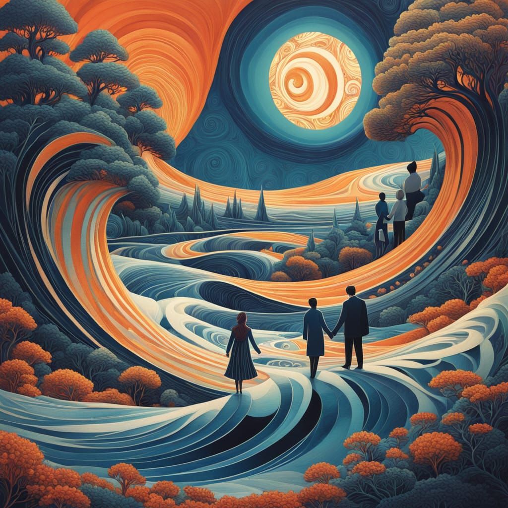 Whimsical Couple Embracing in Vibrant, Swirling Patterns