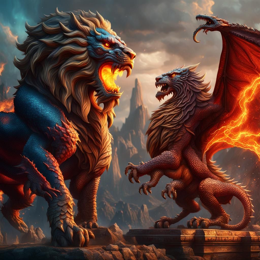 Fiery Dragon and Lion Fantasy Concept Art