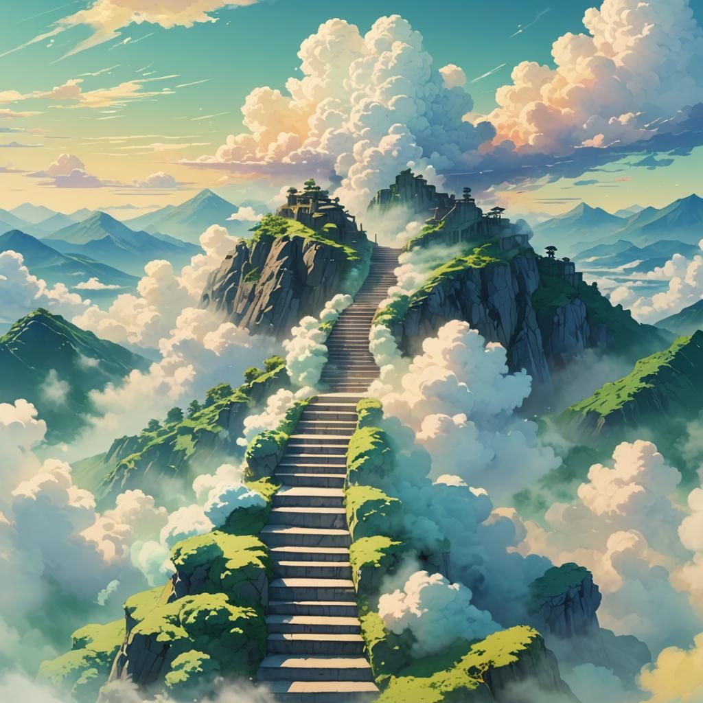 cloud stairs steps made of clouds, smoke, steam; mountain ir...