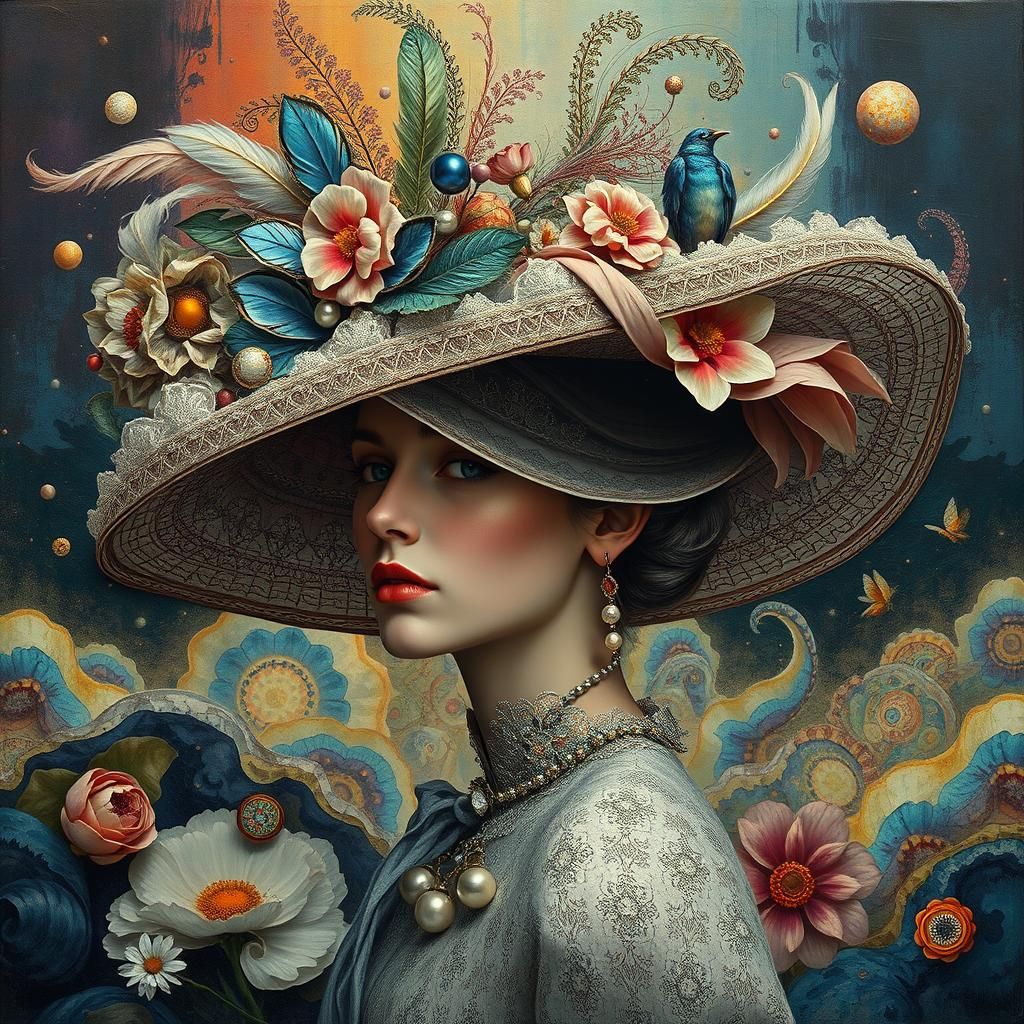 Woman in Ornate Hat: Surreal Dreamscape