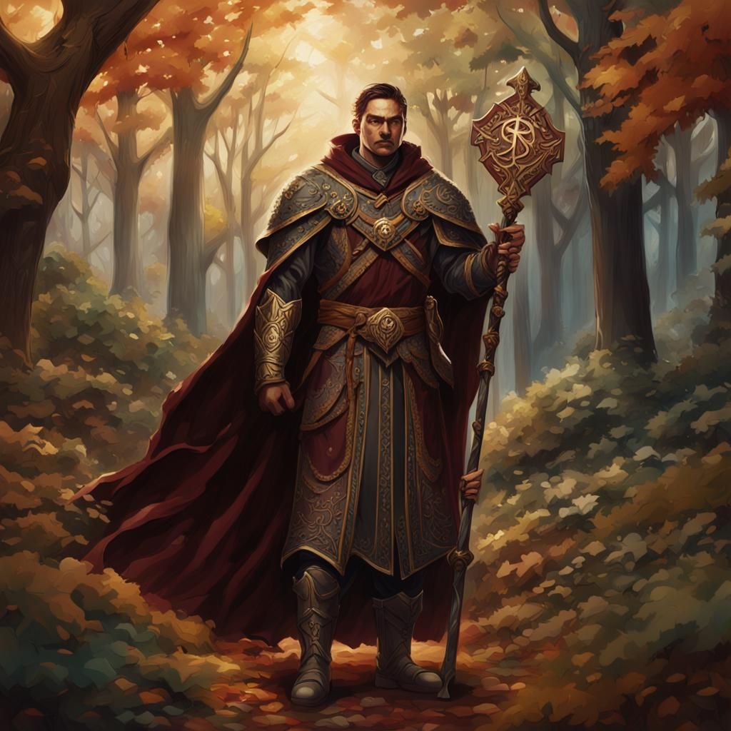 Fantasy Cleric in Forest with Magic Staff