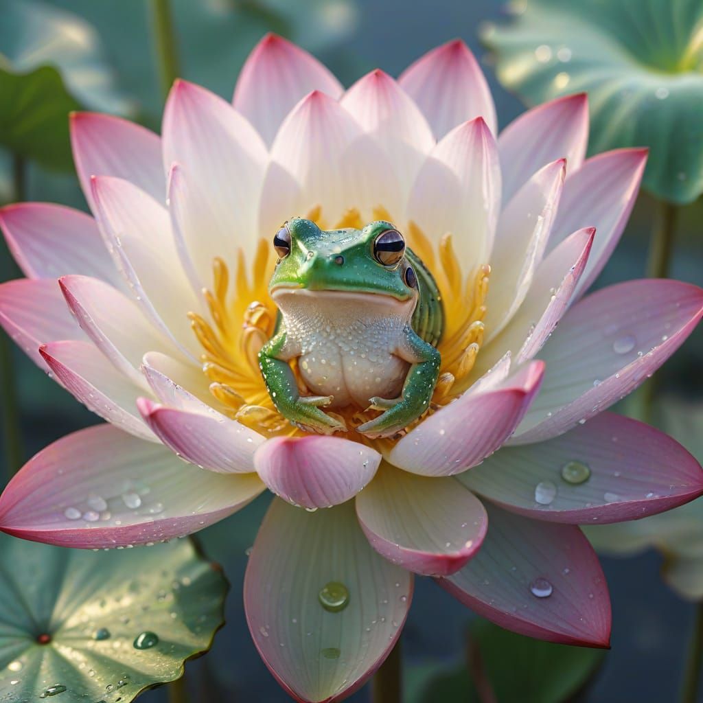 Lotus Flower with Tiny Frog in Morning Light