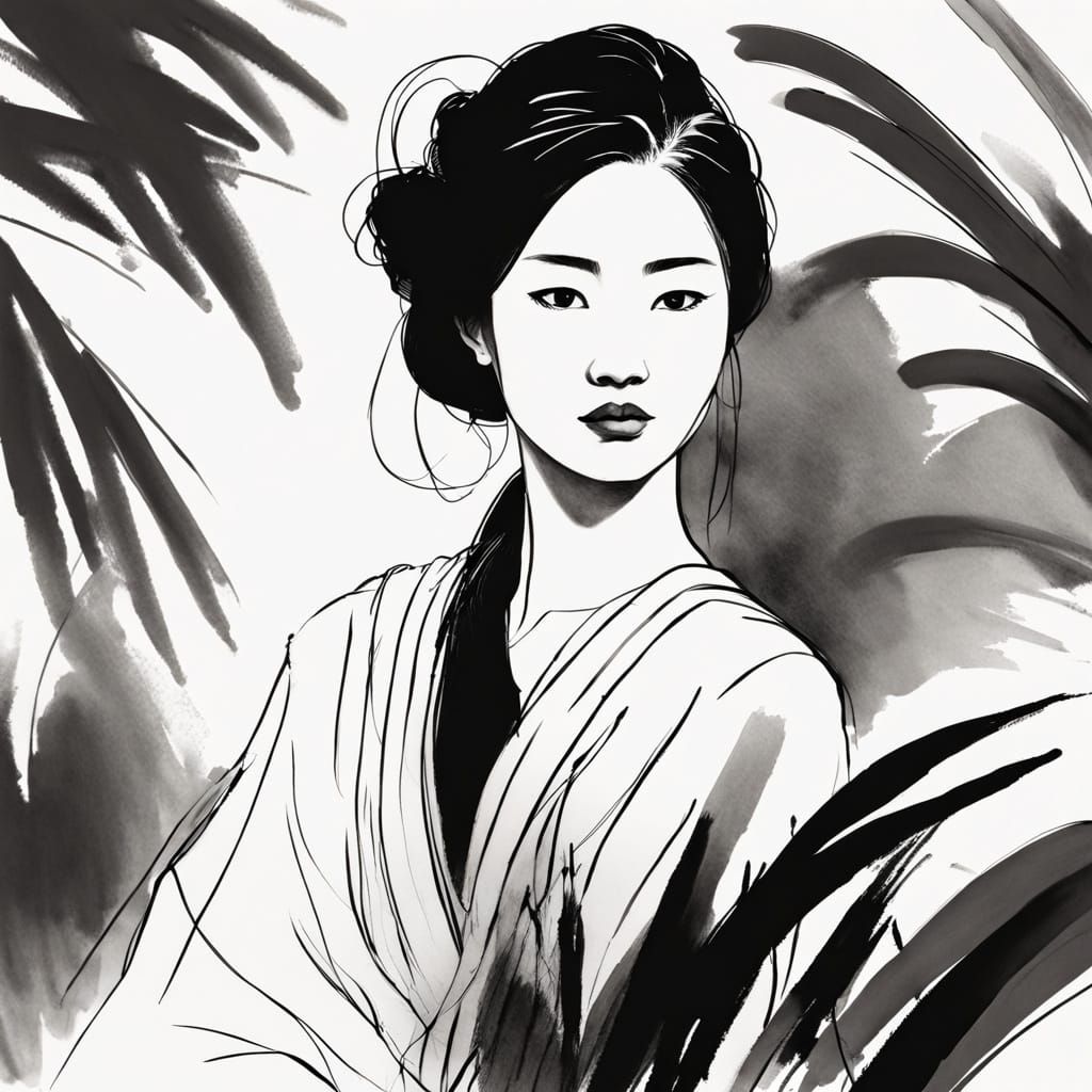 Elegant Asian Woman in Minimalist Ink Sketch