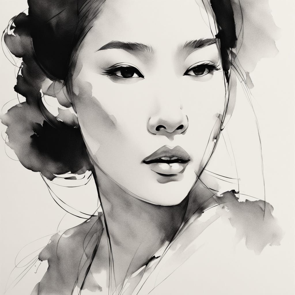 Elegant Asian Woman in Minimalist Ink Sketch