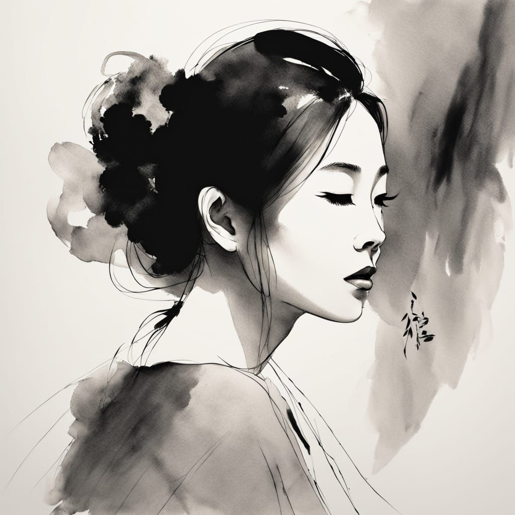 Elegant Asian Woman in Minimalist Ink Sketch